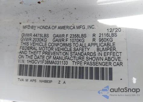 2021 Honda Accord Sport z USA, uszkodzony, nr VIN 1HGCV1F38MA031133